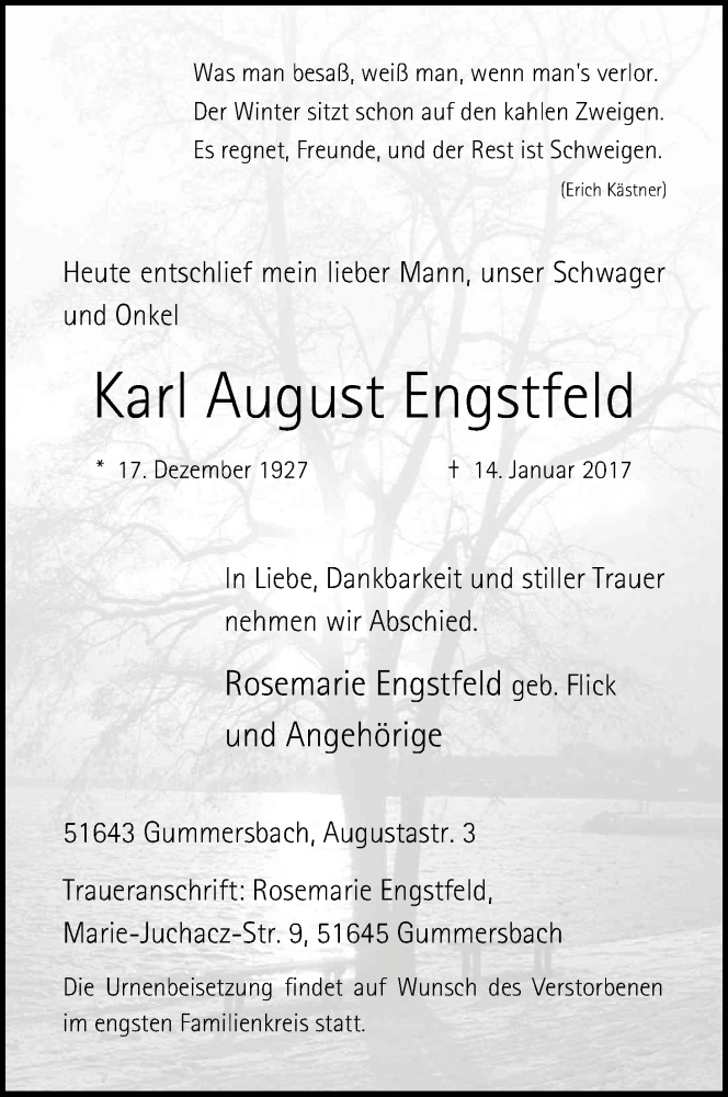  Traueranzeige für Karl August Engstfeld vom 21.01.2017 aus Kölner Stadt-Anzeiger / Kölnische Rundschau / Express