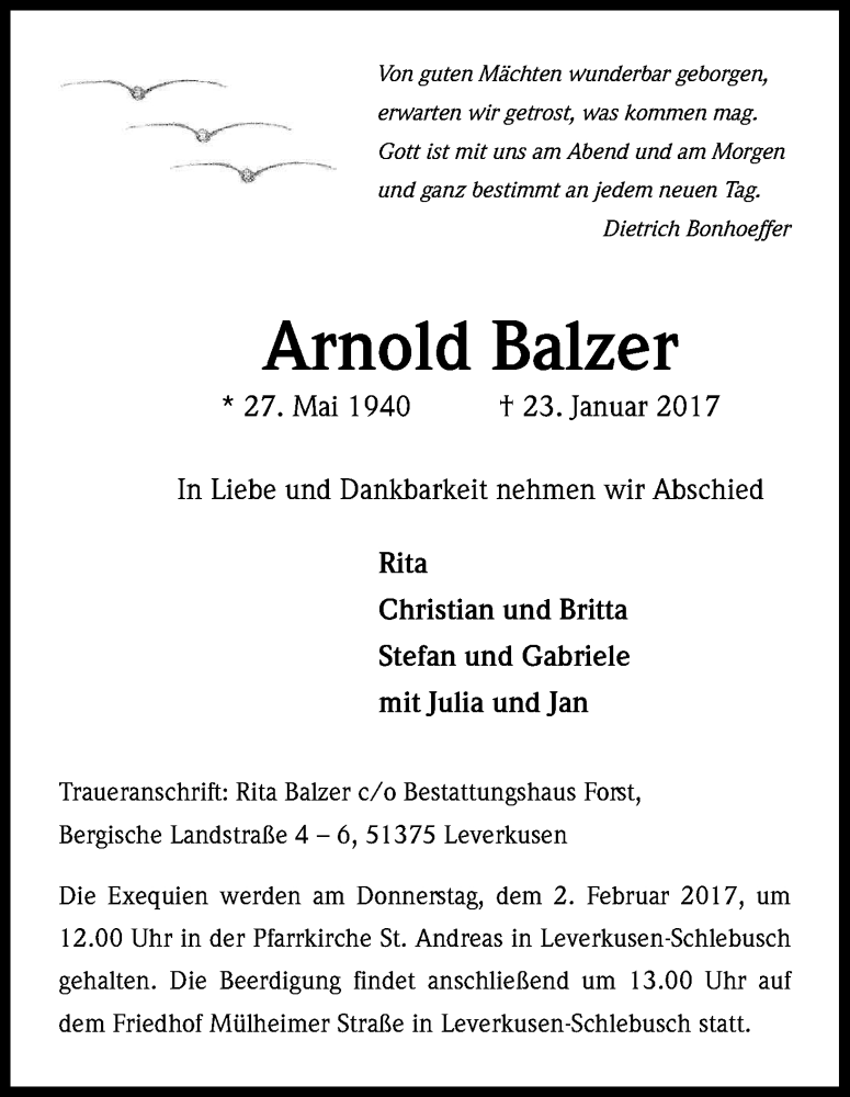  Traueranzeige für Arnold Balzer vom 28.01.2017 aus Kölner Stadt-Anzeiger / Kölnische Rundschau / Express