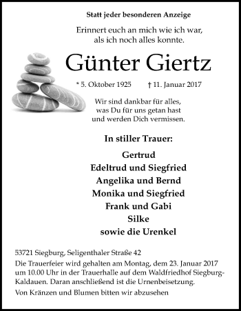 Anzeige von Günter Giertz von Kölner Stadt-Anzeiger / Kölnische Rundschau / Express
