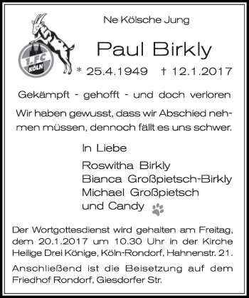 Anzeige von Paul Birkly von  Kölner Wochenspiegel 