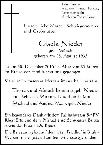 Anzeige von Gisela Nieder von Kölner Stadt-Anzeiger / Kölnische Rundschau / Express