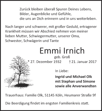Anzeige von Emmi Irnich von  Kölner Wochenspiegel 