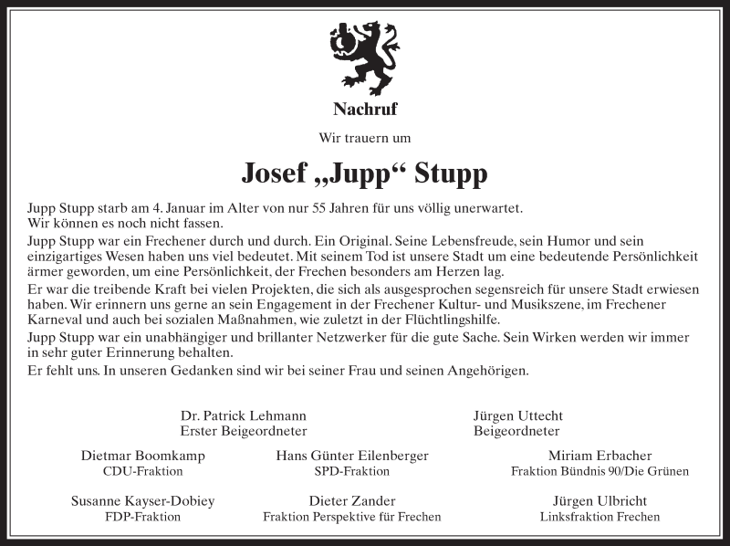  Traueranzeige für Josef Stupp vom 11.01.2017 aus  Wochenende 