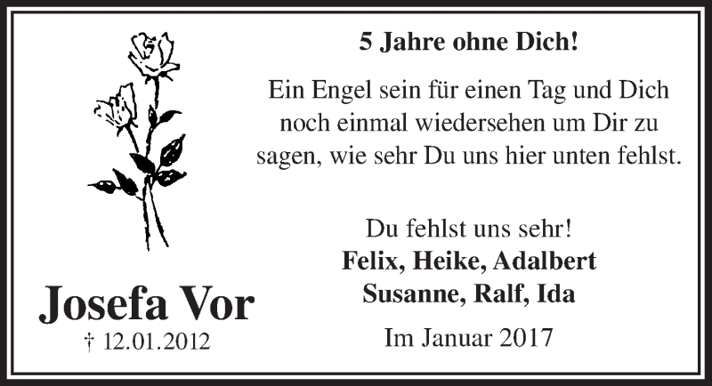  Traueranzeige für Josefa Vor vom 28.12.2016 aus  Lokalanzeiger 