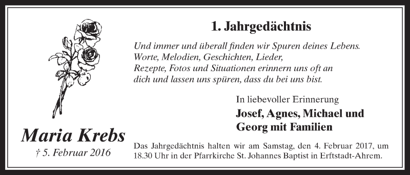  Traueranzeige für Maria Krebs vom 01.02.2017 aus  Werbepost 