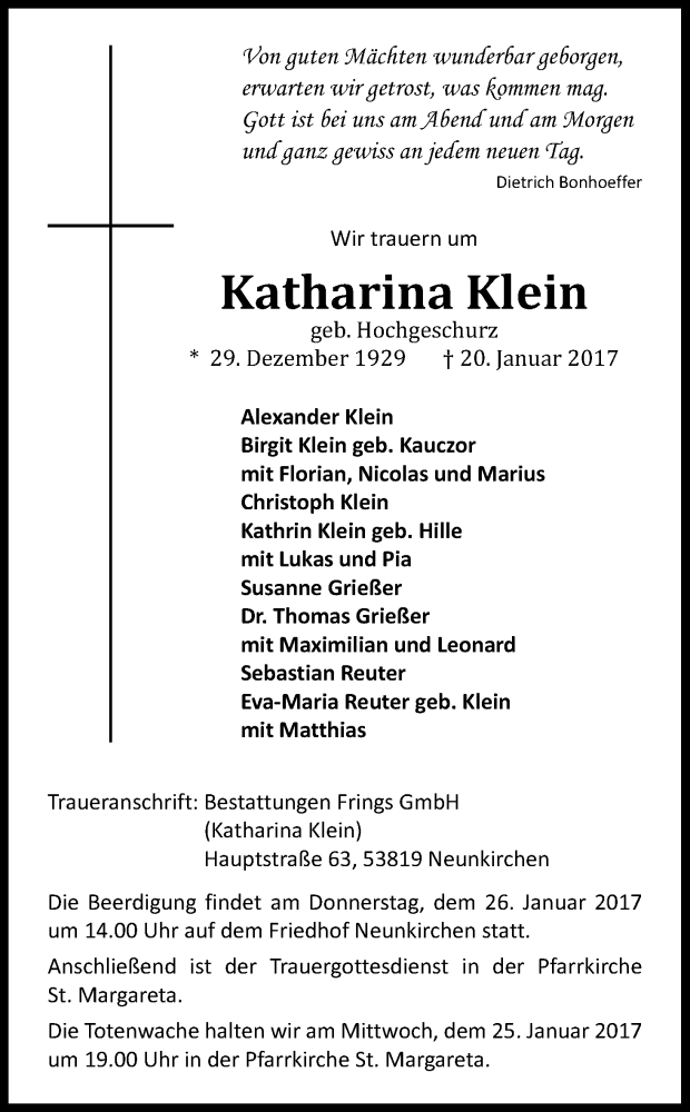 Traueranzeige für Katharina Klein vom 24.01.2017 aus Kölner Stadt-Anzeiger / Kölnische Rundschau / Express