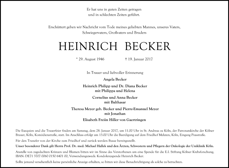  Traueranzeige für Heinrich Becker vom 24.01.2017 aus Kölner Stadt-Anzeiger / Kölnische Rundschau / Express