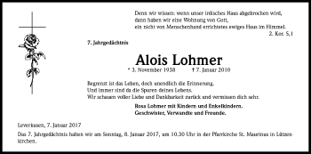 Anzeige von Alois Lohmer von Kölner Stadt-Anzeiger / Kölnische Rundschau / Express