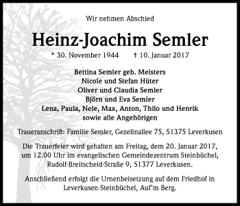Anzeige von Heinz-Joachim Semler von Kölner Stadt-Anzeiger / Kölnische Rundschau / Express