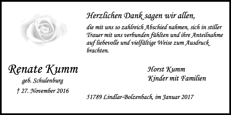  Traueranzeige für Renate Kumm vom 21.01.2017 aus Kölner Stadt-Anzeiger / Kölnische Rundschau / Express