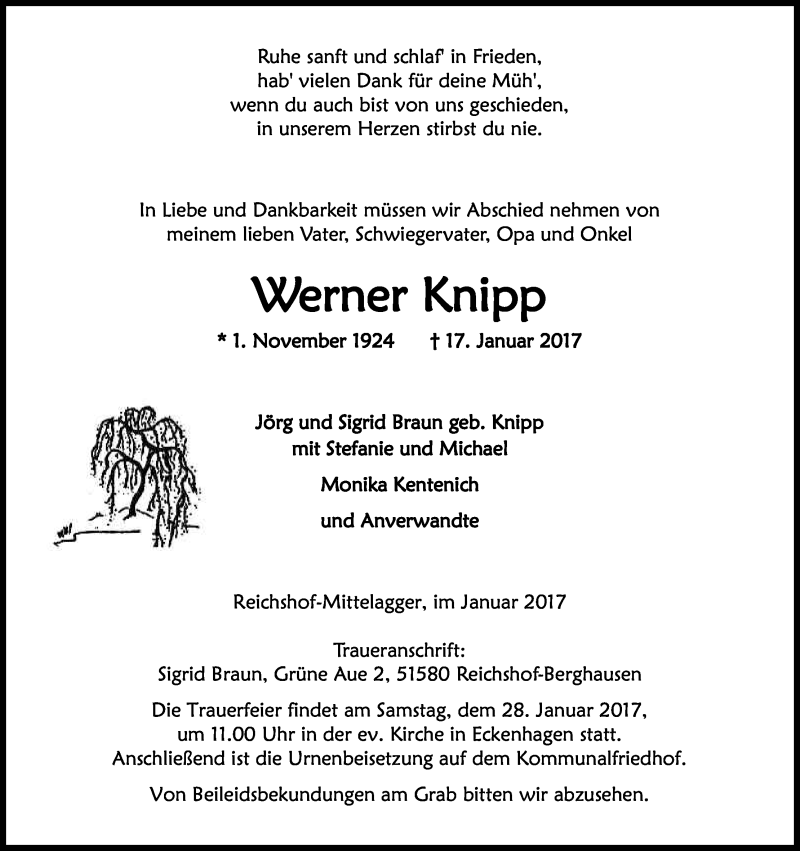  Traueranzeige für Werner Knipp vom 21.01.2017 aus Kölner Stadt-Anzeiger / Kölnische Rundschau / Express