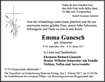 Anzeige von Emma Gunesch von Kölner Stadt-Anzeiger / Kölnische Rundschau / Express