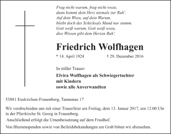 Anzeige von Friedrich Wolfhagen von  Blickpunkt Euskirchen 