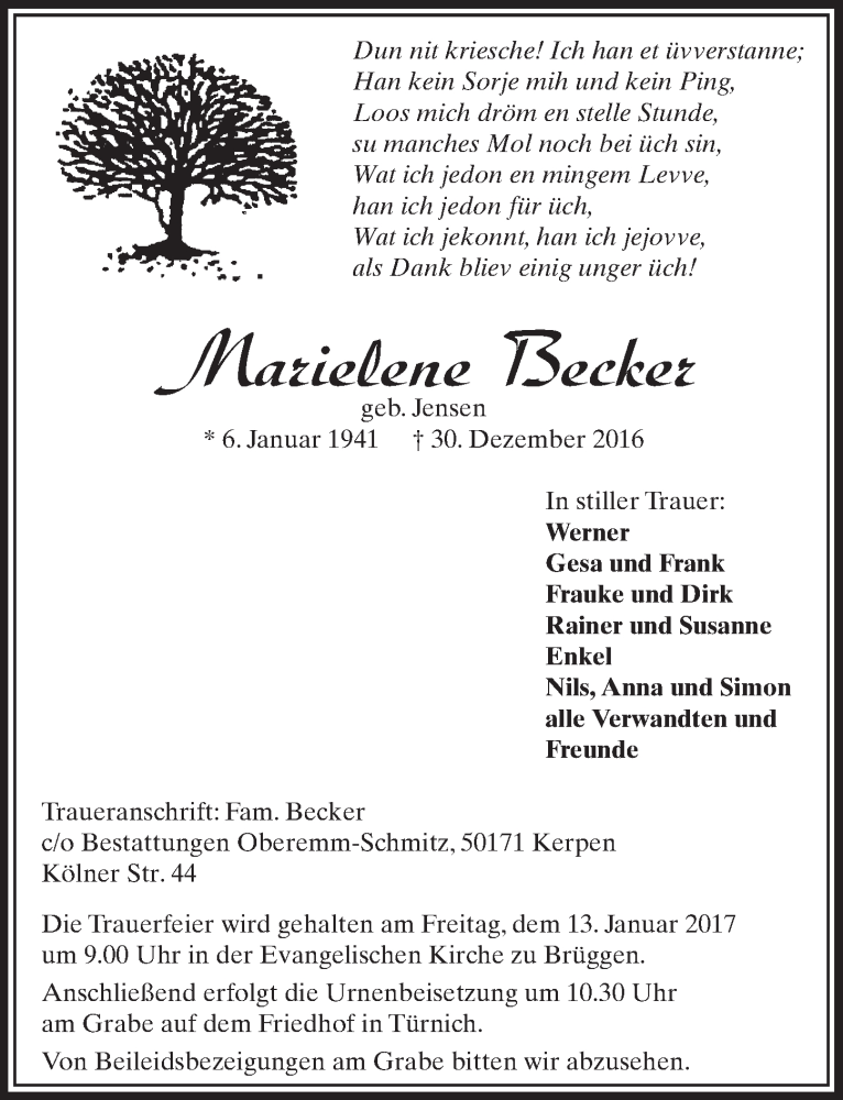  Traueranzeige für Marielene Becker vom 07.01.2017 aus  Sonntags-Post 