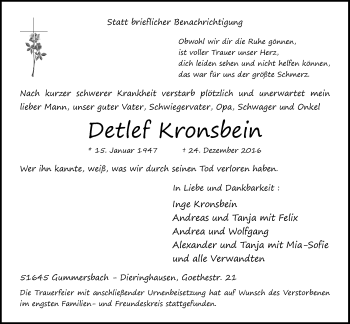 Anzeige von Detlef Kronsbein von  Anzeigen Echo 