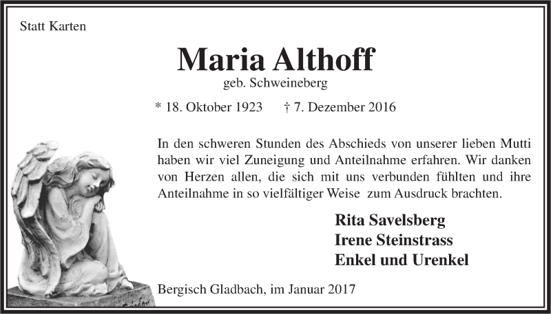  Traueranzeige für Maria Althoff vom 01.02.2017 aus  Bergisches Handelsblatt 