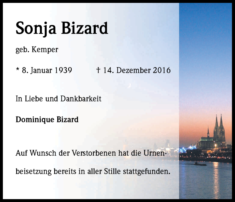  Traueranzeige für Sonja Bizard vom 21.01.2017 aus Kölner Stadt-Anzeiger / Kölnische Rundschau / Express