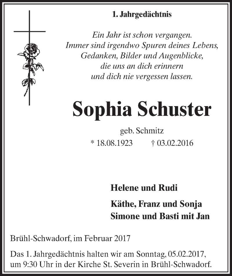  Traueranzeige für Sophia Schuster vom 01.02.2017 aus  Schlossbote/Werbekurier 
