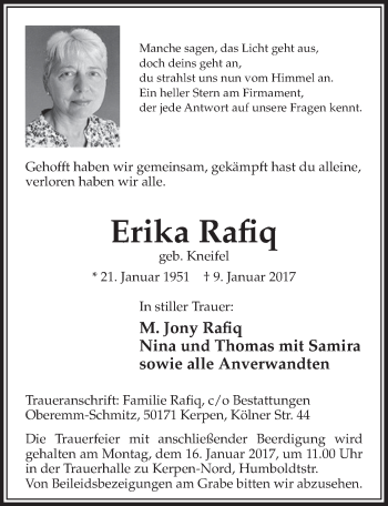 Anzeige von Erika Rafiq von  Sonntags-Post 