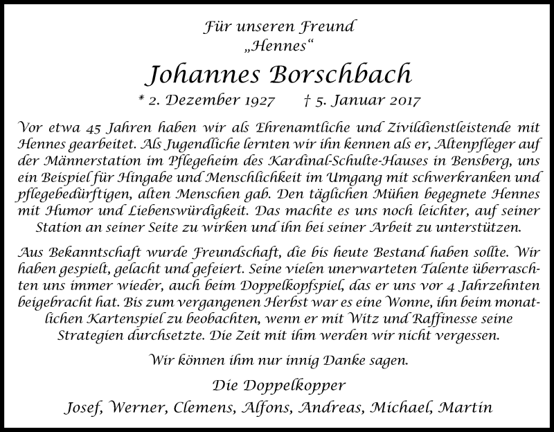  Traueranzeige für Johannes Borschbach vom 17.01.2017 aus Kölner Stadt-Anzeiger / Kölnische Rundschau / Express