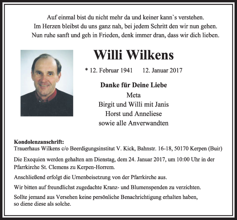  Traueranzeige für Willi Wilkens vom 21.01.2017 aus  Sonntags-Post 