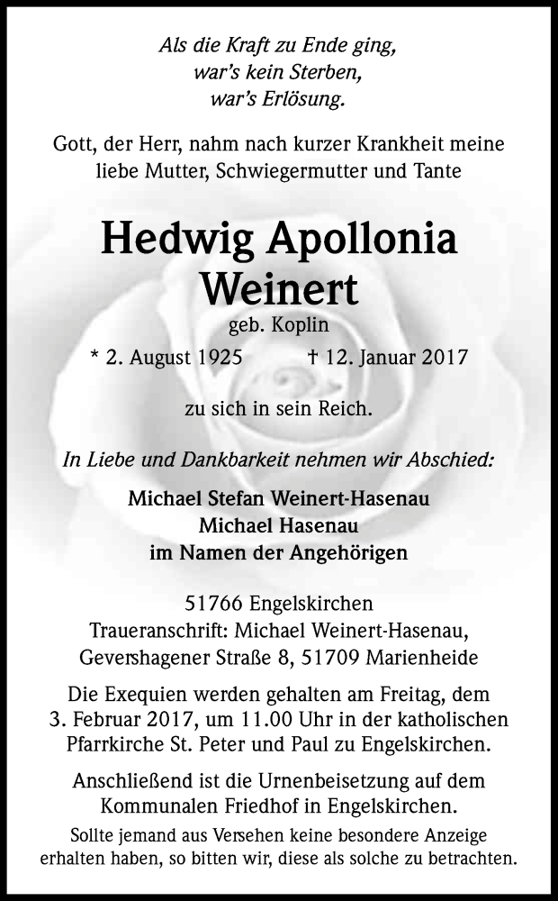  Traueranzeige für Hedwig Apollonia Weinert vom 28.01.2017 aus Kölner Stadt-Anzeiger / Kölnische Rundschau / Express