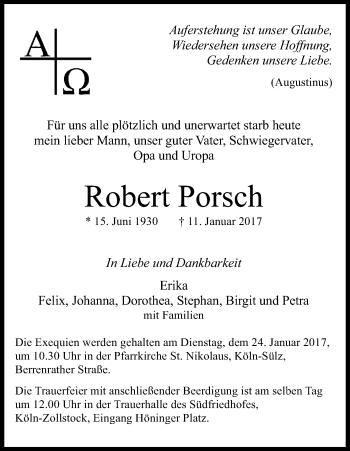 Anzeige von Robert Porsch von Kölner Stadt-Anzeiger / Kölnische Rundschau / Express