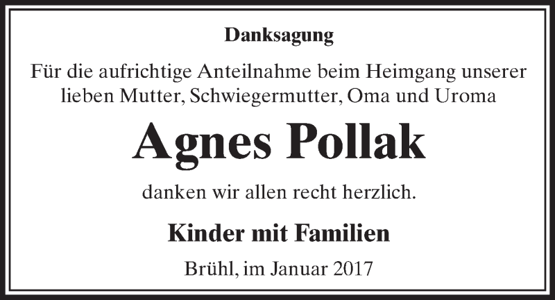 Traueranzeige für Agnes Pollak vom 18.01.2017 aus  Schlossbote/Werbekurier 
