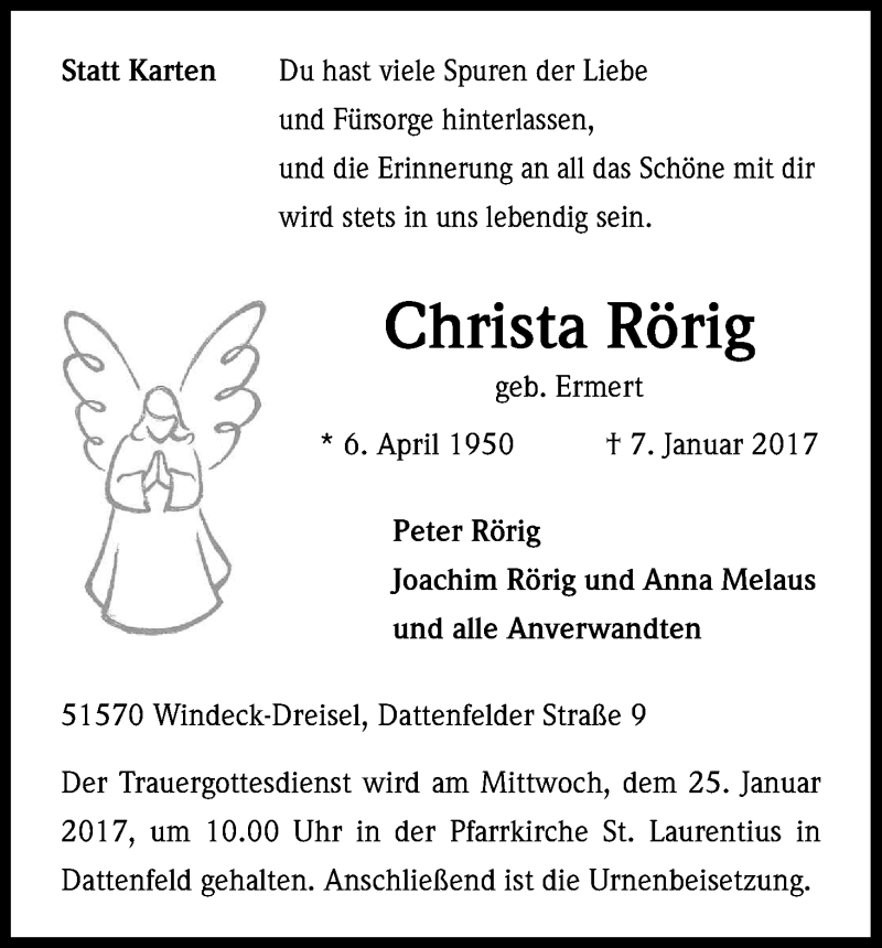  Traueranzeige für Christa Rörig vom 21.01.2017 aus Kölner Stadt-Anzeiger / Kölnische Rundschau / Express