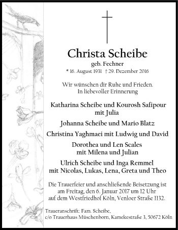 Anzeige von Christa Scheibe von Kölner Stadt-Anzeiger / Kölnische Rundschau / Express