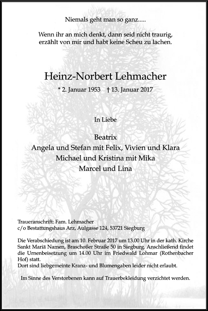  Traueranzeige für Heinz-Norbert Lehmacher vom 28.01.2017 aus Kölner Stadt-Anzeiger / Kölnische Rundschau / Express