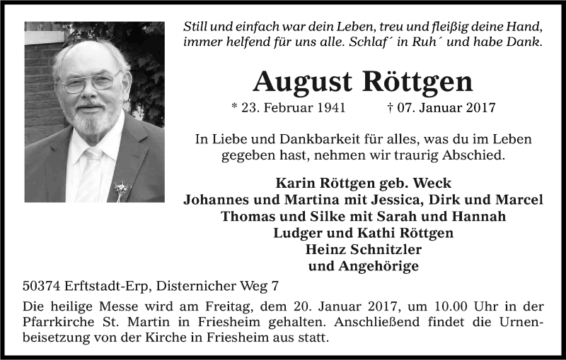  Traueranzeige für August Röttgen vom 14.01.2017 aus Kölner Stadt-Anzeiger / Kölnische Rundschau / Express
