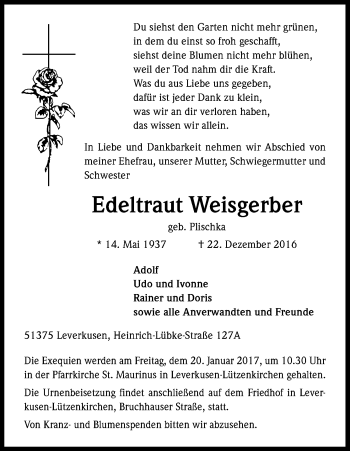 Anzeige von Edeltraut Weisgerber von Kölner Stadt-Anzeiger / Kölnische Rundschau / Express