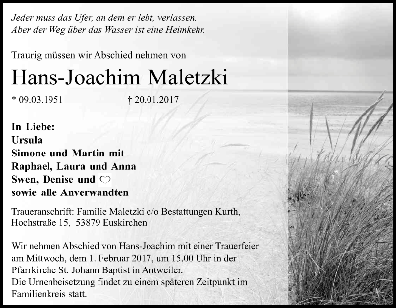  Traueranzeige für Hans-Joachim Maletzki vom 28.01.2017 aus Kölner Stadt-Anzeiger / Kölnische Rundschau / Express