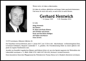 Anzeige von Gerhard Nentwich von Kölner Stadt-Anzeiger / Kölnische Rundschau / Express