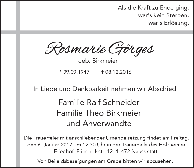  Traueranzeige für Rosmarie Görges vom 04.01.2017 aus  Werbepost 