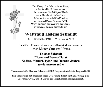 Anzeige von Waltraud Helene Schmidt von Kölner Stadt-Anzeiger / Kölnische Rundschau / Express