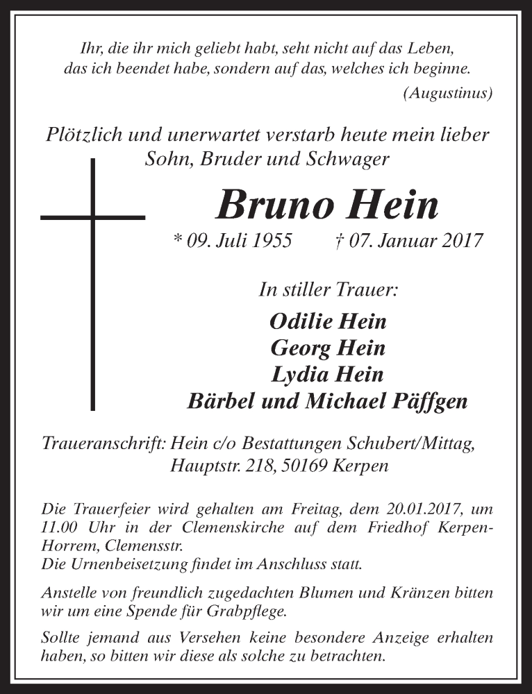  Traueranzeige für Bruno Hein vom 18.01.2017 aus  Werbepost 