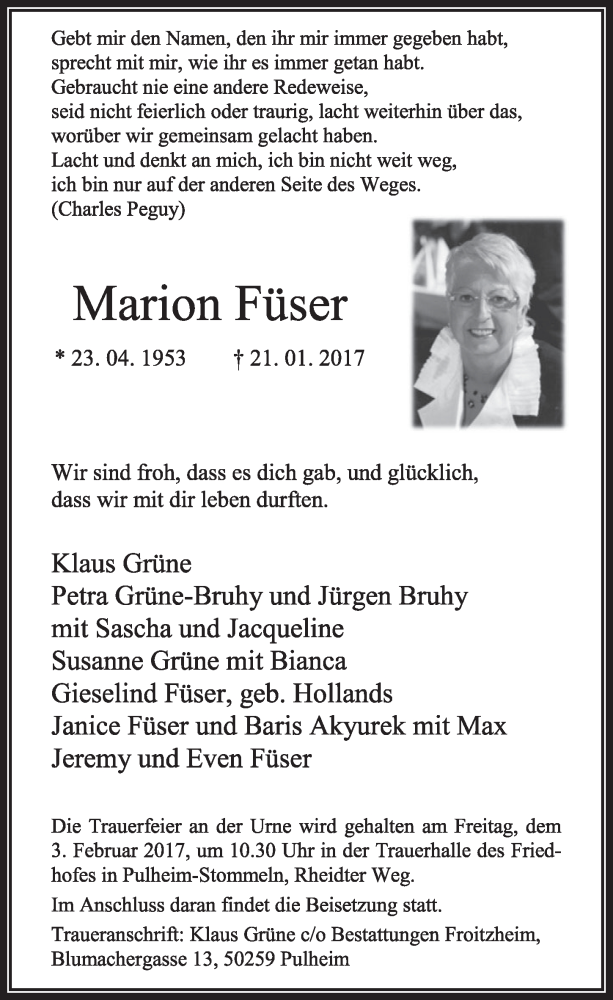  Traueranzeige für Marion  Füser vom 28.01.2017 aus  Sonntags-Post 