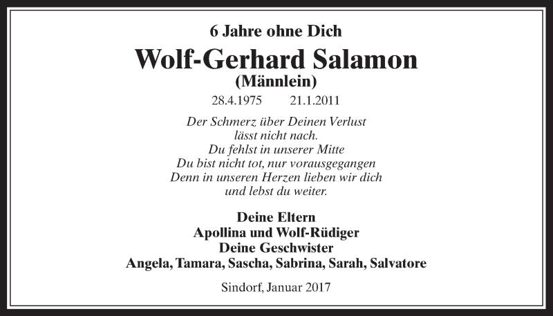  Traueranzeige für Wolf-Gerhard Salamon vom 18.01.2017 aus  Werbepost 