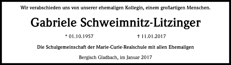  Traueranzeige für Gabriele Schweimnitz-Litzinger vom 21.01.2017 aus Kölner Stadt-Anzeiger / Kölnische Rundschau / Express