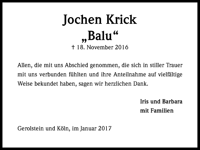  Traueranzeige für Jochen Krick vom 25.01.2017 aus Kölner Stadt-Anzeiger / Kölnische Rundschau / Express