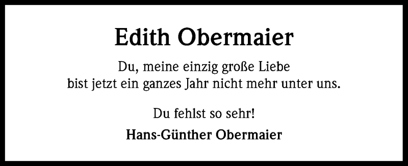  Traueranzeige für Edith Obermaier vom 09.01.2017 aus Kölner Stadt-Anzeiger / Kölnische Rundschau / Express