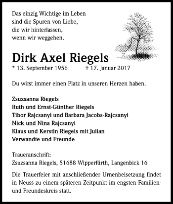 Anzeige von Dirk Axel Riegels von Kölner Stadt-Anzeiger / Kölnische Rundschau / Express