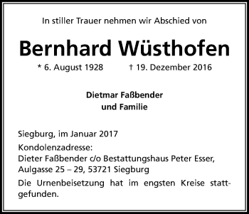 Anzeige von Bernhard Wüsthofen von Kölner Stadt-Anzeiger / Kölnische Rundschau / Express