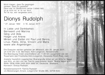 Anzeige von Dionys Rudolph von Kölner Stadt-Anzeiger / Kölnische Rundschau / Express