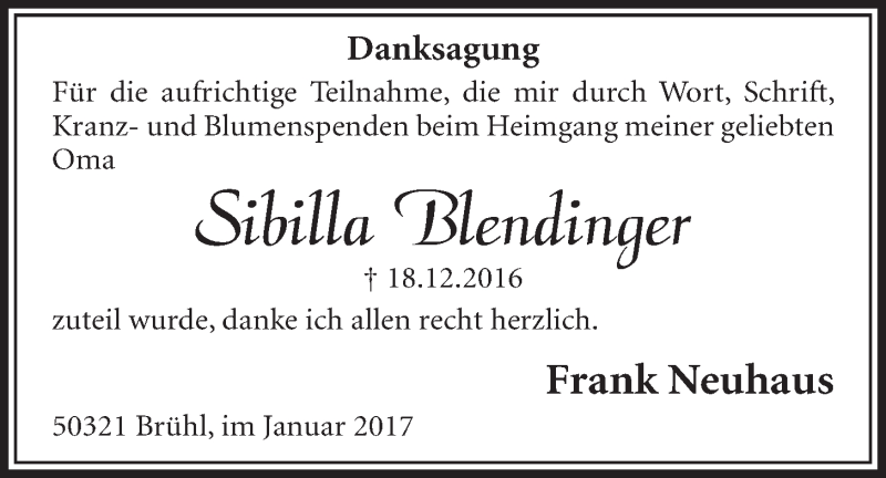  Traueranzeige für Sibilla Blendinger vom 18.01.2017 aus  Schlossbote/Werbekurier 