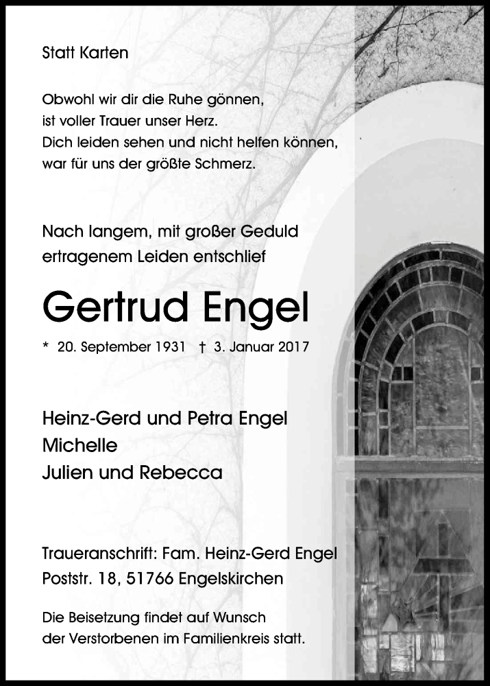  Traueranzeige für Gertrud Engel vom 12.01.2017 aus Kölner Stadt-Anzeiger / Kölnische Rundschau / Express