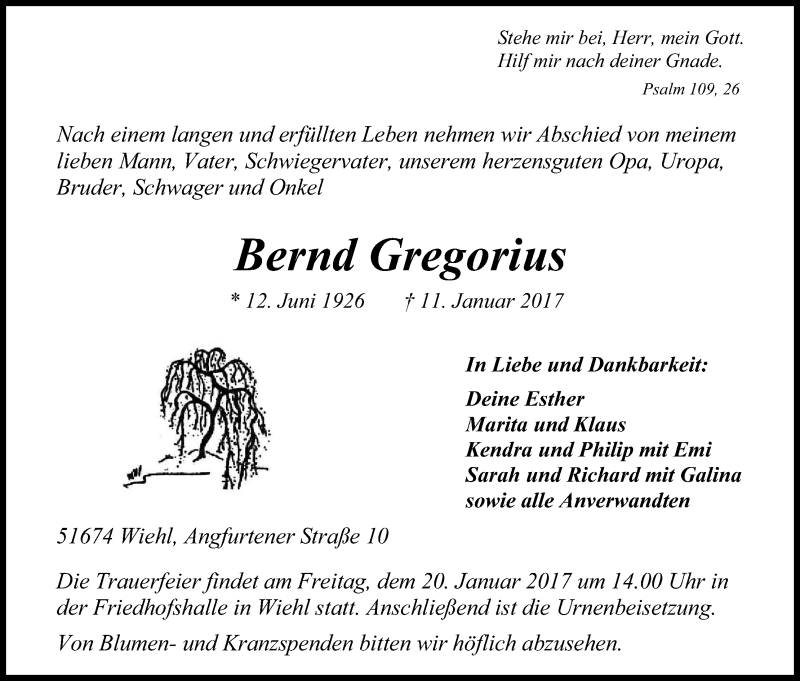  Traueranzeige für Bernd Gregorius vom 17.01.2017 aus Kölner Stadt-Anzeiger / Kölnische Rundschau / Express