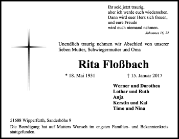 Anzeige von Rita Floßbach von Kölner Stadt-Anzeiger / Kölnische Rundschau / Express
